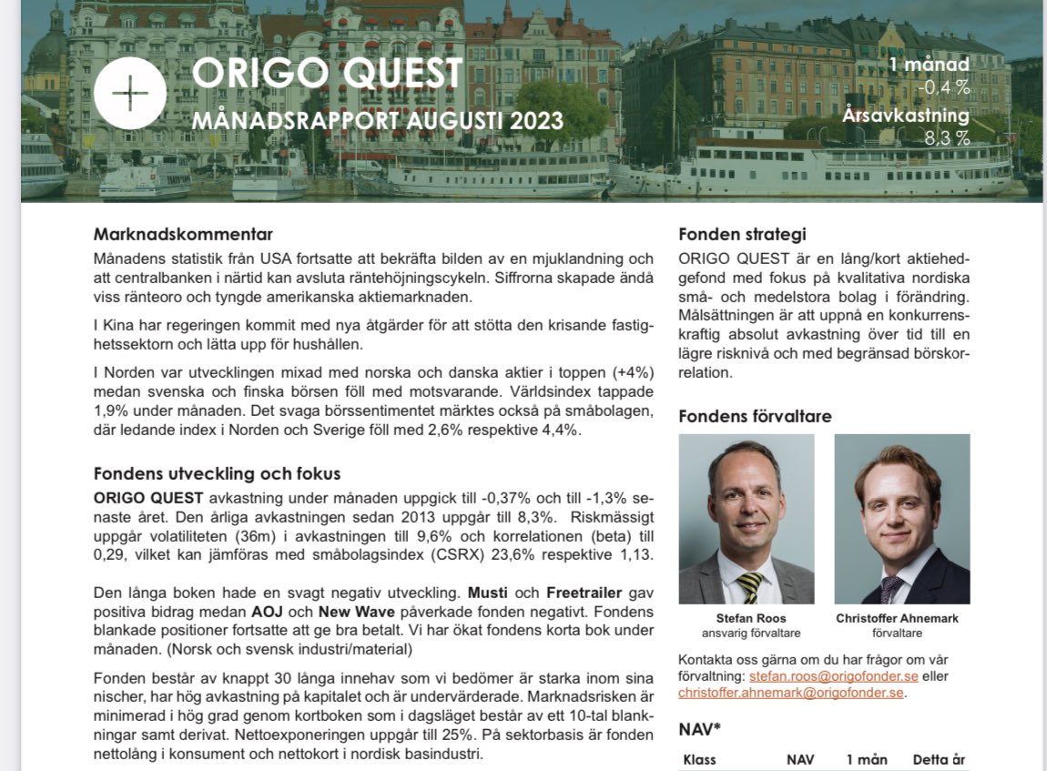 OrigoCapital's tweet photo. Ränteoro och stigande avkastningkrav pressade småbolagen globalt under augusti. Men ljusglimtar finns! Nytt månadsbrev ute där vi bl.a skriver om #nekkar #profoto och #norva24
Trevlig helg!
https://t.co/bPgJlHqCc0
#nordicsmallcap #equityhedge #longshort #smallcapspecialist https://t.co/GpYxhzhNCX