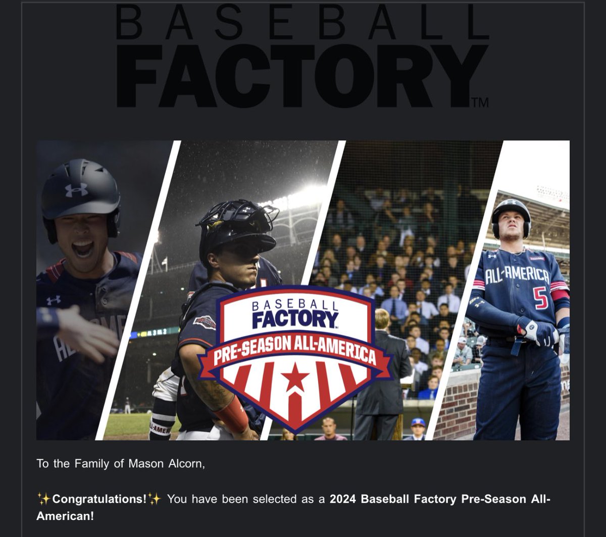 MasonAlcorn7's tweet photo. Honored to be a Pre-Season All American! Thank you Baseball Factory!!
@JEldridge_BB @BaseballFactory https://t.co/RFHuYborZg