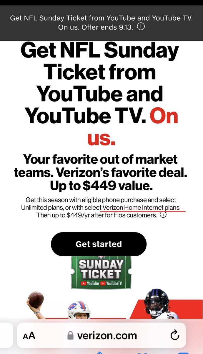 mikkirowe's tweet photo. @VerizonNews I have been a cellular customer since 1996. Decided to switch to 5G internet coverage as it is now available in our neighborhood.  Offered free NFL Sunday Ticket. I was sent an email to redeem but link doesn’t work. 5 calls over 6 days. No one knows how to fix https://t.co/GLhPAd8WCW