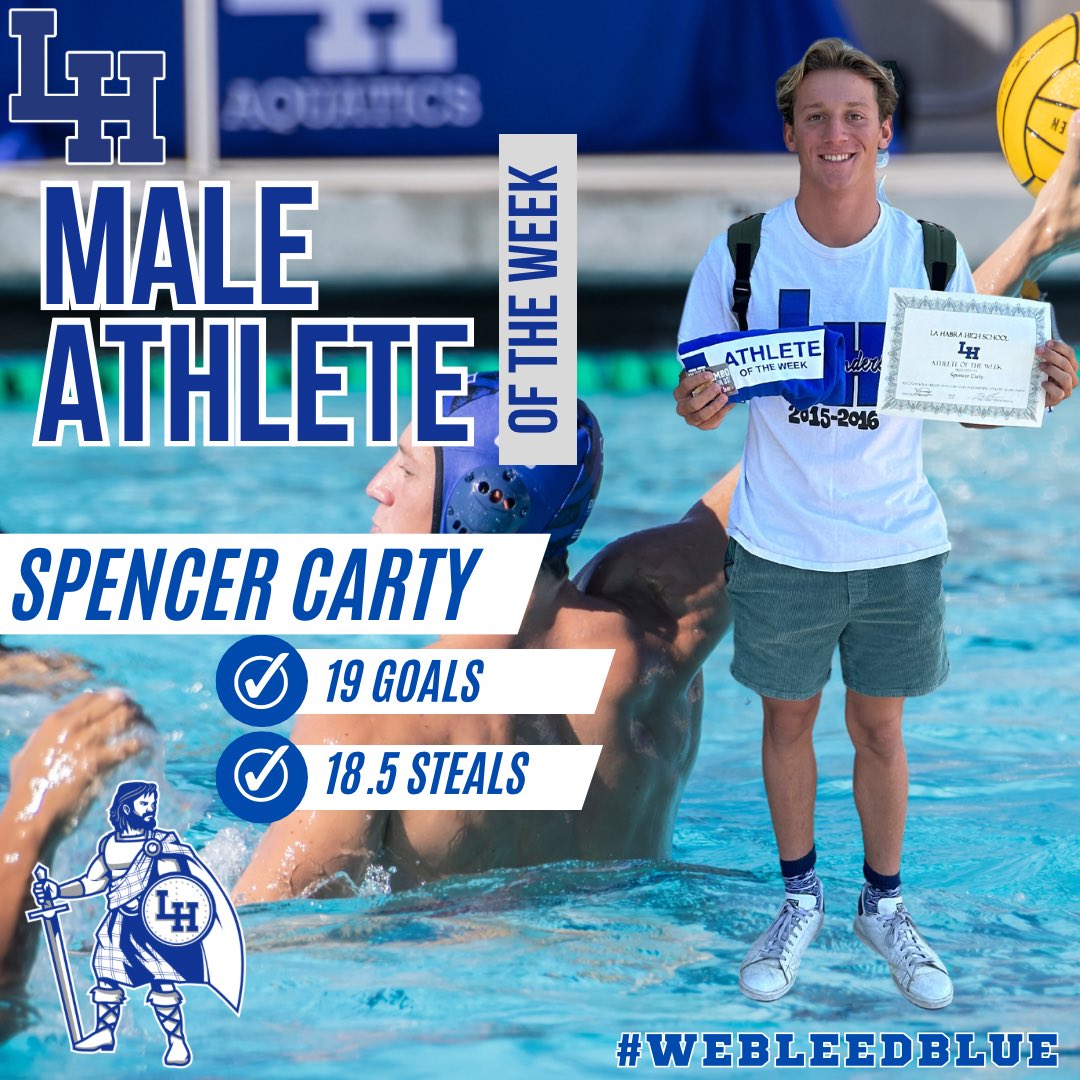 Congratulations to our Male Athlete of the week Spencer Carty! Spencer has been a dominant force for our undefeated boys water polo team to start the season. His play in the Corona Tournament helped propel us to the title!! #webleedblue