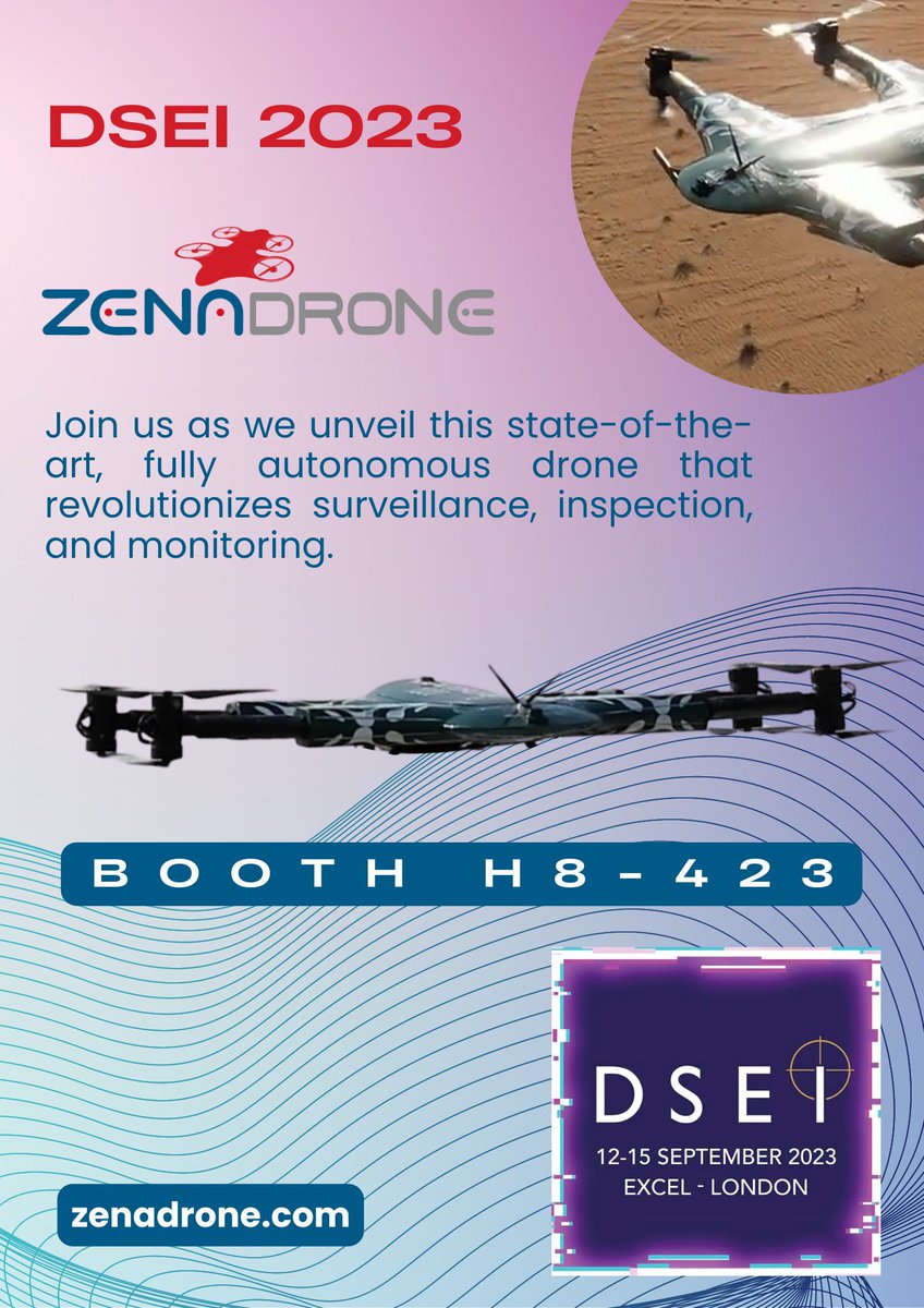 Are you ready for the next big thing in #drones? You'll get your first look at  $EPAZ ZenaDrone 1000 at the #DSEI2023, September 12-15 in London. Come by our booth and experience the power of ZenaDrone. Don't miss it!  #AI #ChatGPT $META $MSFT $QCOM $GOOG $NVDA $AMC $ADSK