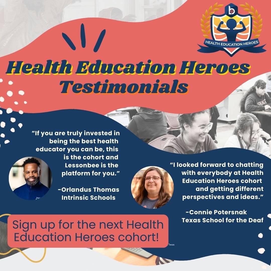 lessonbee's tweet image. Health Education Heroes is a transformative professional development experience. See what cohort alumni have to say! 
The cohort starts Sept 20. Learn about the benefits and sign up at promo.lessonbee.com/heroes

#Healtheducationheroes #Lessonbee #Healthed #Educators #Testimonials