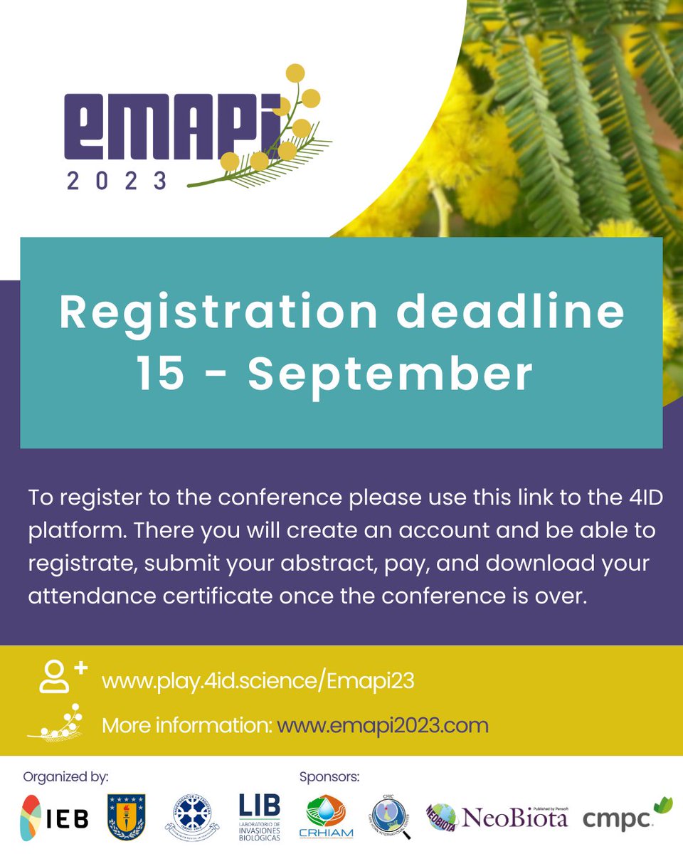 ⏰⏰Don't miss out, the registration deadline is September 15th ⏰⏰ #EMAPI23

👉emapi2023.com

#InvasiveAlienSpecies #EspeciesExóticasInvasoras