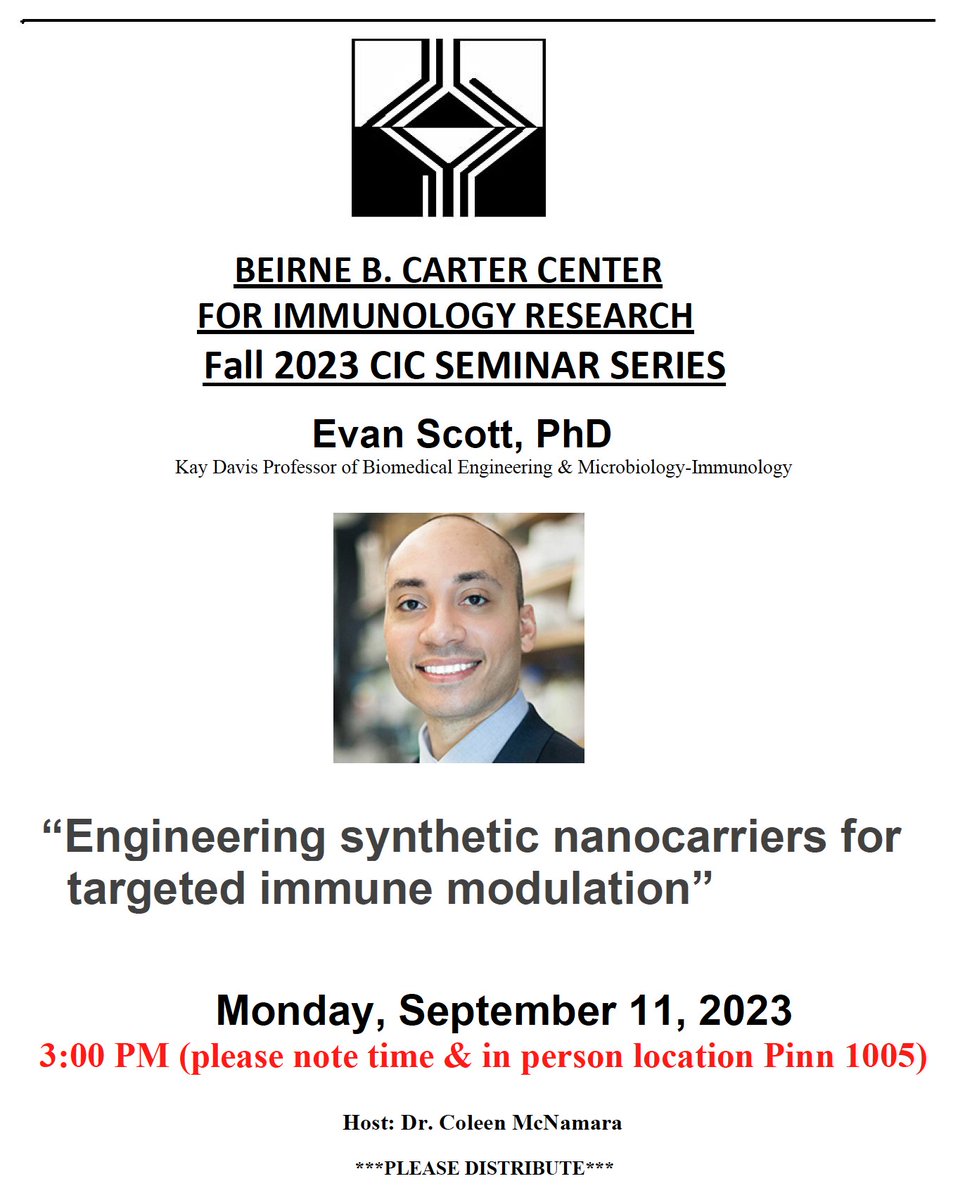 UVAimmunology (@uvaimmunology) on Twitter photo Please join us Monday at 3pm in PH 1005 as we welcome Dr. Evan Scott <a href="/ProfScottBME/">Evan Scott</a> as our CIC seminar speaker! Please join us Monday at 3pm in PH 1005 as we welcome Dr. Evan Scott <a href="/ProfScottBME/">Evan Scott</a> as our CIC seminar speaker!