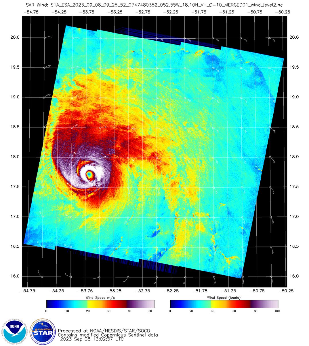 MikeFischerWx's tweet photo. This SAR vs. HAFS comparison in Hurricane #Lee is wild. Iβm amazed we have numerical models capable of simulating such complex structures. Check out the sharp gradient on western side and the banded structure to the east. Amazing. https://t.co/zYJsWDzvCl
