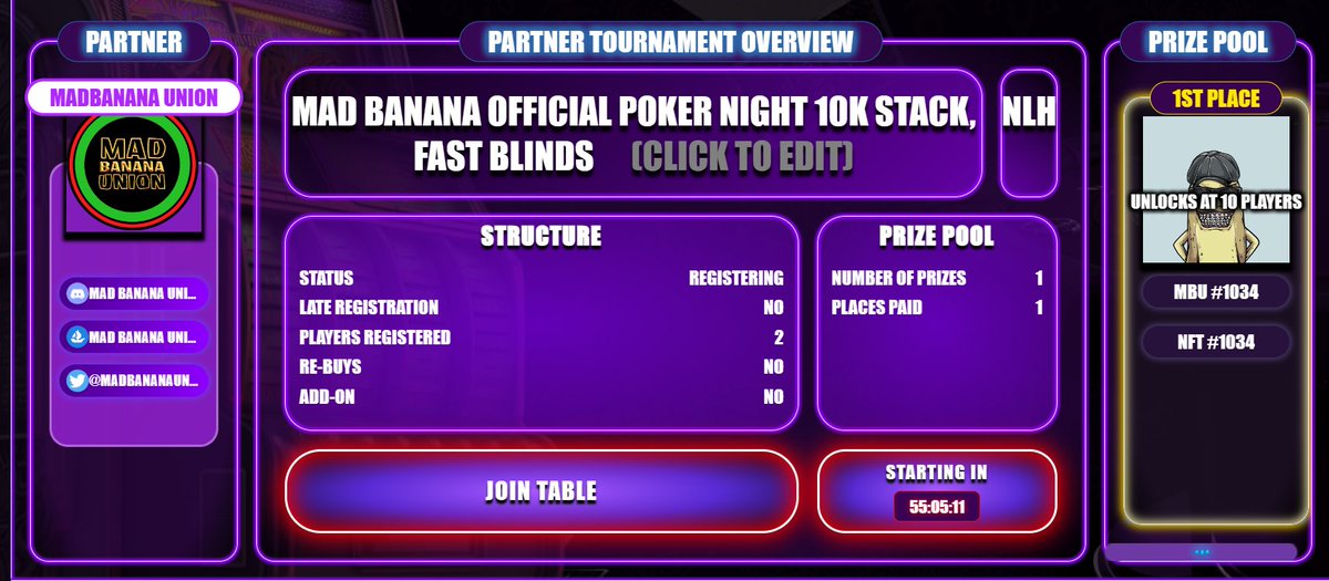 MadBananaUnion's tweet photo. We're back w/
#MadBanana Poker Night!! 
We will be hosting our next few Saturday night games on the @HyHuNetwork Partner Platform
.
Register Now for our Saturday Night Poker Game!! 
.
Win a MadBananaUnion NFT, &amp;&amp; a BigBag of $MAD
.
Easy Signup. https://t.co/frt2fYraHW https://t.co/uf6lpWFSrZ