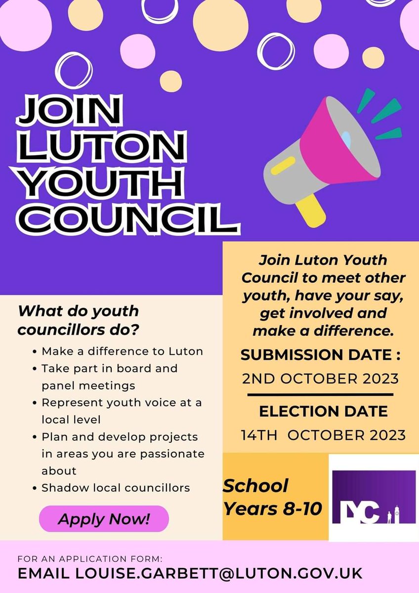 Luton Youth Council is looking for new members! 

Do you want to contribute to change? Develop new skills? Have your voice heard? And make a difference to our town? 

If so, you might have what it takes to be a youth councillor! 

Full details on how to apply below 👇