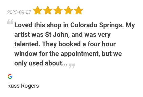pensNneedles's tweet photo. New 5.0-star Review: "Loved this shop in Colorado Springs. My artist was St John, and was very talented. They... https://t.co/iXXdfwSmKg