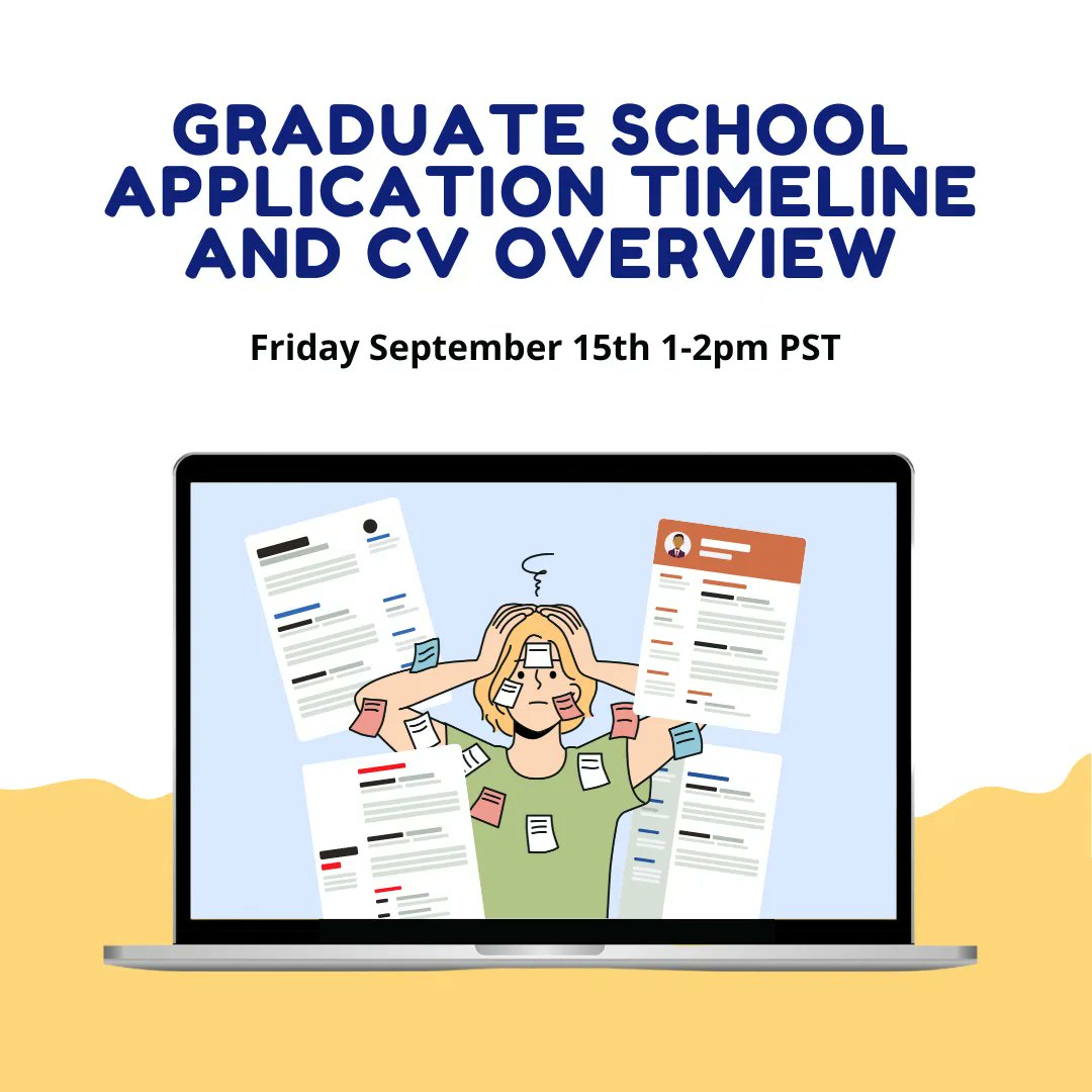 Join us on Fri Sept 15th 1-2pm PST, for our Grad School Application Timeline and CV Overview event. We'll cover the application process (task timeline, deadlines) and share tips (CV writing, emailing profs)

Sign up at: buff.ly/3Ex3Eeu 

#gradschool #phd #academictwitter