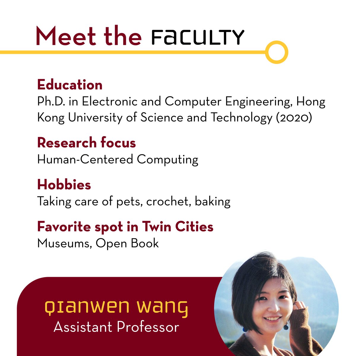 UMN Computer Science & Engineering (@umncomputersci) on Twitter photo Qianwen Wang joined the Department of Computer Science & Engineering in fall 2023 as an assistant professor. Before joining the University, Wang served as a post-doctoral researcher at Harvard University.
Learn more about <a href="/WangQianwenToo/">Qianwen Wang</a> here: z.umn.edu/MeetWang Qianwen Wang joined the Department of Computer Science & Engineering in fall 2023 as an assistant professor. Before joining the University, Wang served as a post-doctoral researcher at Harvard University.
Learn more about <a href="/WangQianwenToo/">Qianwen Wang</a> here: z.umn.edu/MeetWang