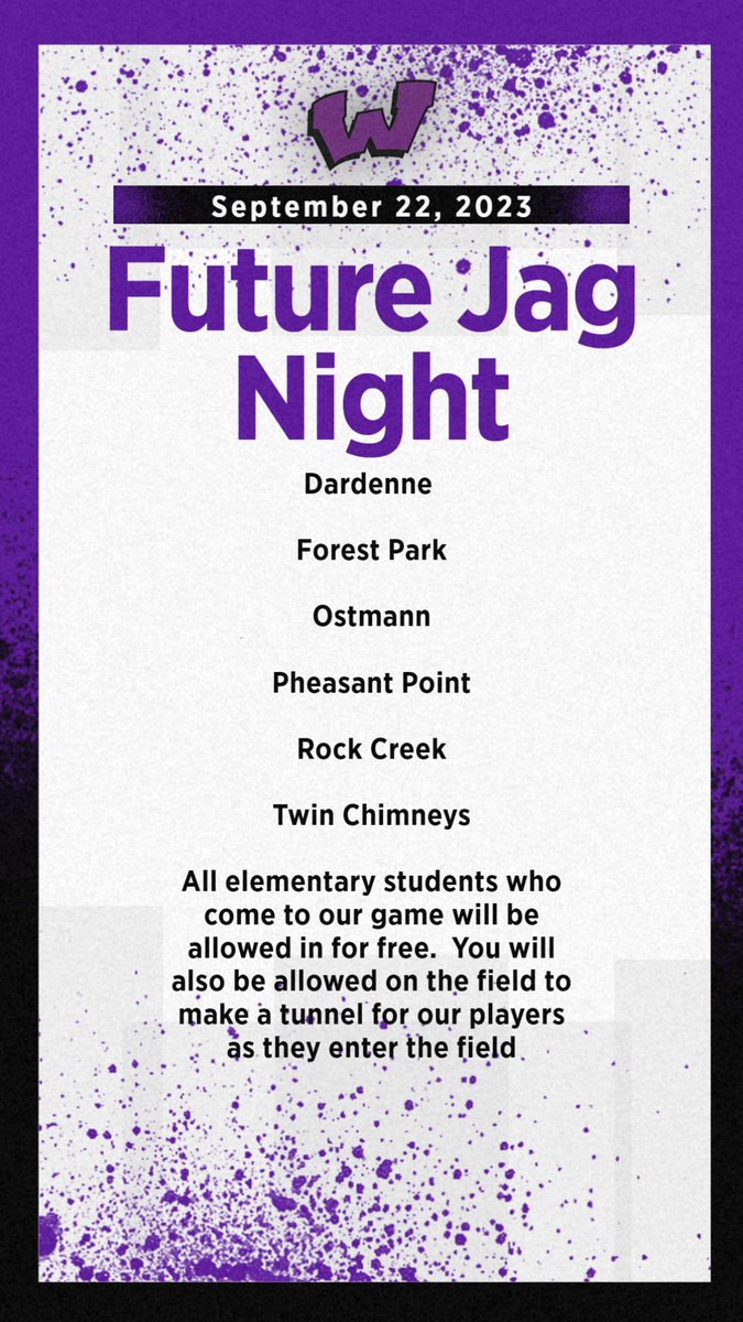 We would like to invite all of our future Jags out to our game on September 22nd.  Elementary students will get free entry and be invited on the field to make a tunnel for the players as they enter the field. #greatdaytobeajaguar