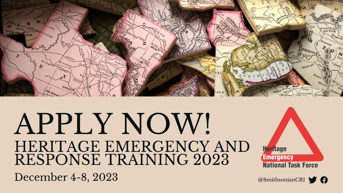 It's that time of year! Apply now for the 2023 Heritage Emergency and Response Training. Applications due by September 28, 2023. Learn more about #HEARTraining2023 and apply here: s.si.edu/45C9Eyh #HENTF @smithsonian @fema