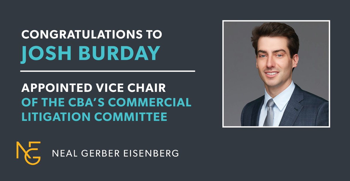 Neal Gerber Eisenberg (@nge_law) on Twitter photo Congratulations to Josh Burday, Associate in the firm's Litigation & Dispute group, who recently started his term as Vice Chair of The <a href="/ChicagoBarAssoc/">Chicago Bar Assoc</a> Commercial Litigation Committee!
Learn more about Josh here: nge.com/Our-Lawyers/Jo… Congratulations to Josh Burday, Associate in the firm's Litigation & Dispute group, who recently started his term as Vice Chair of The <a href="/ChicagoBarAssoc/">Chicago Bar Assoc</a> Commercial Litigation Committee!
Learn more about Josh here: nge.com/Our-Lawyers/Jo…