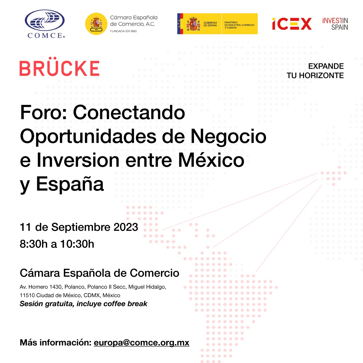 ComceOficial's tweet photo. 🔔 ¡No te quedes fuera! #COMCE, @camescommx, @EmbEspMex @ICEXMexico y #BÜCKE te invitamos al 🇲🇽🇪🇸Foro: Conectando oportunidades de negocio e inversión México y España
🗓️11 septiembre
⏰08:30a.m
📍#CAMESCOM Homero 1430, Polanco
Registro en:✍️ https://t.co/3kOXoUALLB https://t.co/3DZIK3THKY
