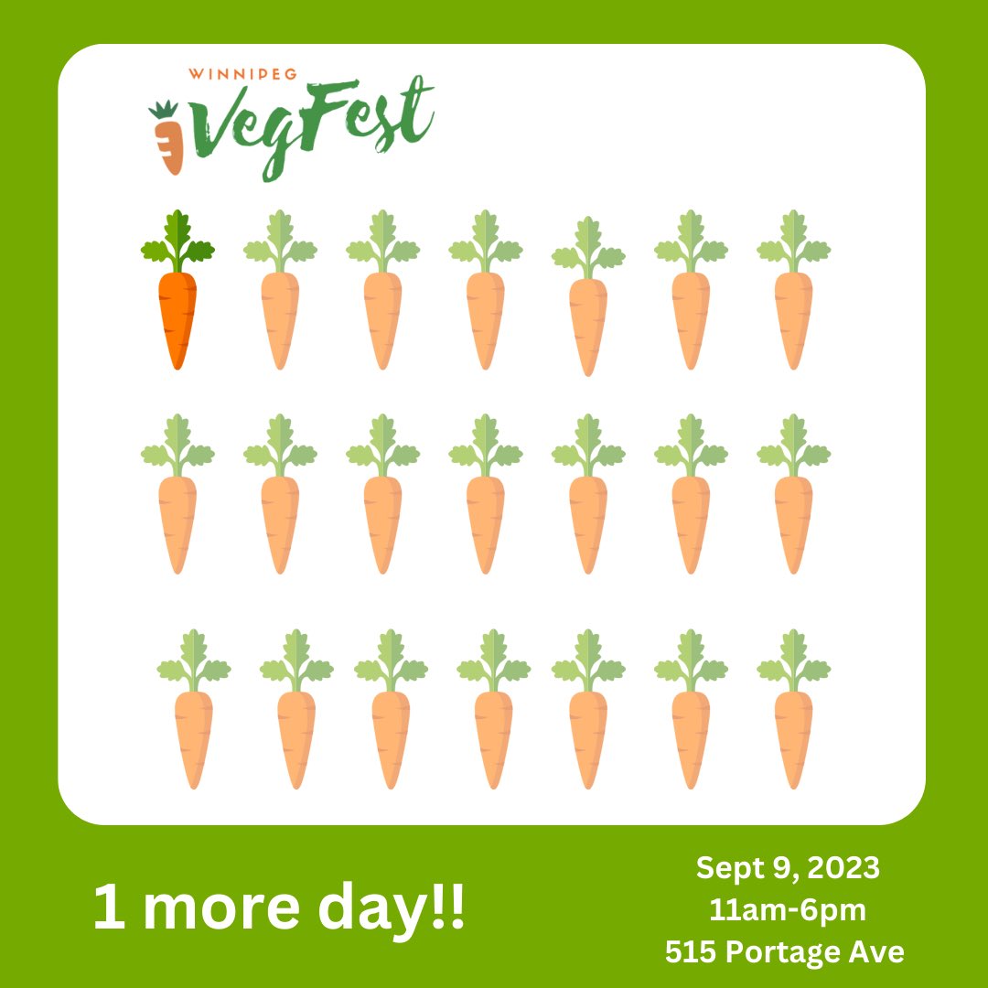 WpgVegFest's tweet photo. ONE MORE DAY UNTIL VEGFEST! ￼
 
Can you believe Winnipeg VegFest 2023 is only ONE DAY away!? We cannot wait to get together with you all outside at the University of Winnipeg on September 9th, 11AM-6PM! Looking forward to seeing you there! ￼￼ https://t.co/JZNkgcMZZj