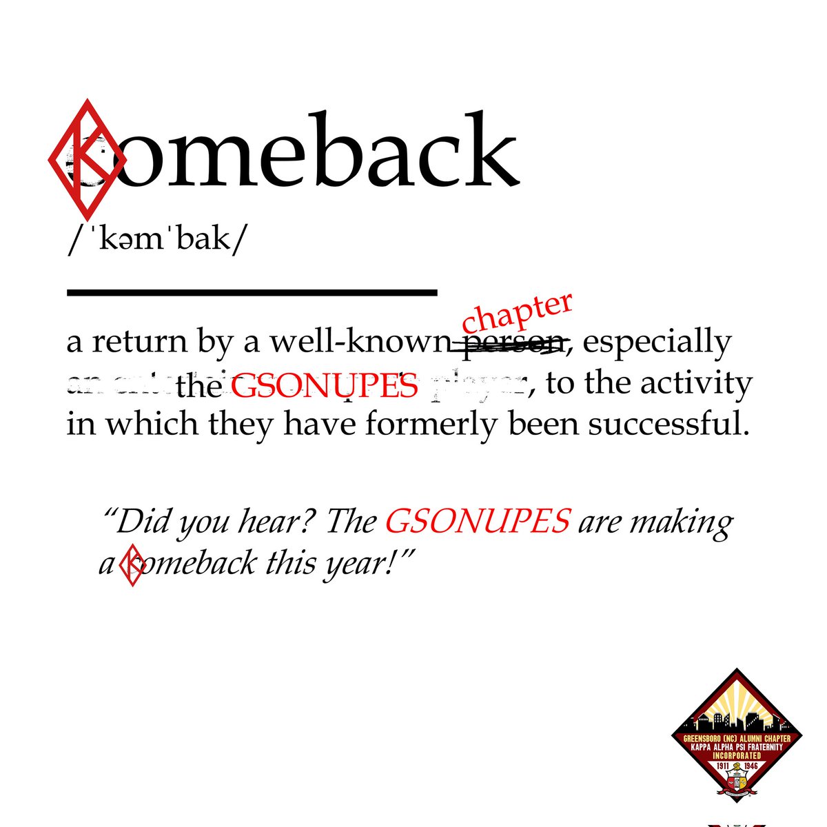 It's going to be a GREAT fraternal year! Be prepared... 🤫♦️
.
.
.
#GSONUPES #Nupes #KAPsi #KAΨ #MEP #Greensboro #Achievement #Service #Brotherhood #KomebackSzn