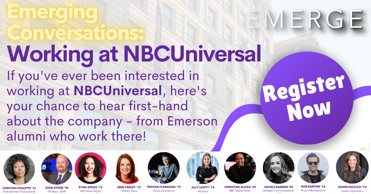 Hear from Emerson alumni working at <a href="/NBCUniversal/">NBCUniversal</a> !
.
Join the convo and register now: eventbrite.com/e/emerging-con…