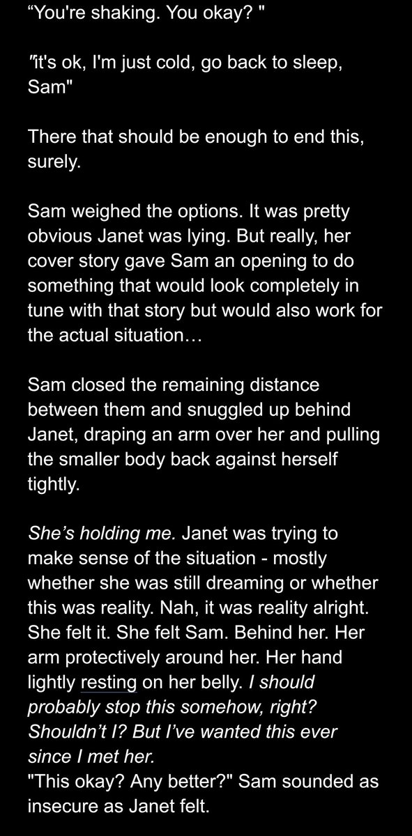 4thWall_Kat's tweet photo. Sneak peek into a new Sam/Janet fic. If you don't wanna read about two women cuddling, then just scroll on by. It's alright. #stargate #fanfic #samnet https://t.co/TXycA4a8cc