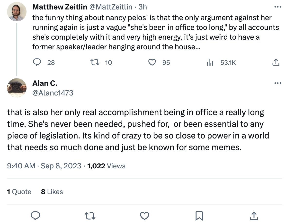 lxeagle17's tweet image. Whether you like her or not, there is no single legislator who has been responsible for as much legislation as Nancy Pelosi has.

CARES and the ACA would not exist without her. Most speakers would have struggled to pass the ARP or the Inflation Reduction Act with her majorities.