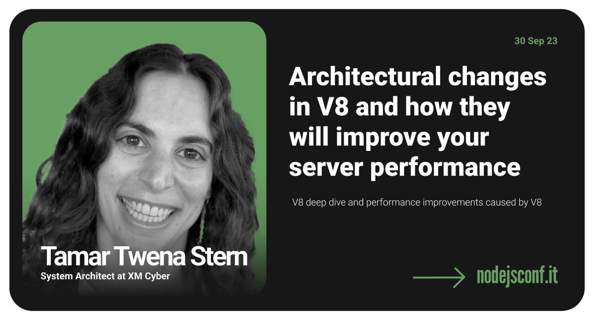 Meet our awesome speakers! <a href="/SternTwena/">Tamar Twena Stern</a> will join us with her talk "Architectural changes in V8 and how they will improve your server performances"! See you all in Desenzano on September 30th. 🚀 The waiting list is open! 2023.nodejsconf.it #NodeJSConf #nodejs <a href="/nodejs/">Node.js</a>