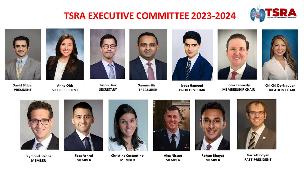 TSRA (@tsra_official) on Twitter photo Announcing the TSRA executive committee for 2023-2024. <a href="/DavidBlitzer1/">David Blitzer</a> <a href="/Anna_Olds/">Anna Olds</a> <a href="/JasonHanMD/">Jason Han</a> <a href="/Hirji1987/">Sameer Hirji</a> <a href="/irbaz_hameed/">Irbaz Hameed, MD</a> <a href="/ChiChiDoNguyen/">Chi Chi Do-Nguyen, DO</a> <a href="/R_Strobes/">Ray Strobel, MD, MSc</a> <a href="/faazash/">Faaz Ashraf</a> <a href="/CLCostantino_MD/">Christina L. Costantino</a> <a href="/RohunBhagat/">Rohun Bhagat</a> <a href="/CoyanGarrett/">Garrett Coyan</a> Announcing the TSRA executive committee for 2023-2024. <a href="/DavidBlitzer1/">David Blitzer</a> <a href="/Anna_Olds/">Anna Olds</a> <a href="/JasonHanMD/">Jason Han</a> <a href="/Hirji1987/">Sameer Hirji</a> <a href="/irbaz_hameed/">Irbaz Hameed, MD</a> <a href="/ChiChiDoNguyen/">Chi Chi Do-Nguyen, DO</a> <a href="/R_Strobes/">Ray Strobel, MD, MSc</a> <a href="/faazash/">Faaz Ashraf</a> <a href="/CLCostantino_MD/">Christina L. Costantino</a> <a href="/RohunBhagat/">Rohun Bhagat</a> <a href="/CoyanGarrett/">Garrett Coyan</a>