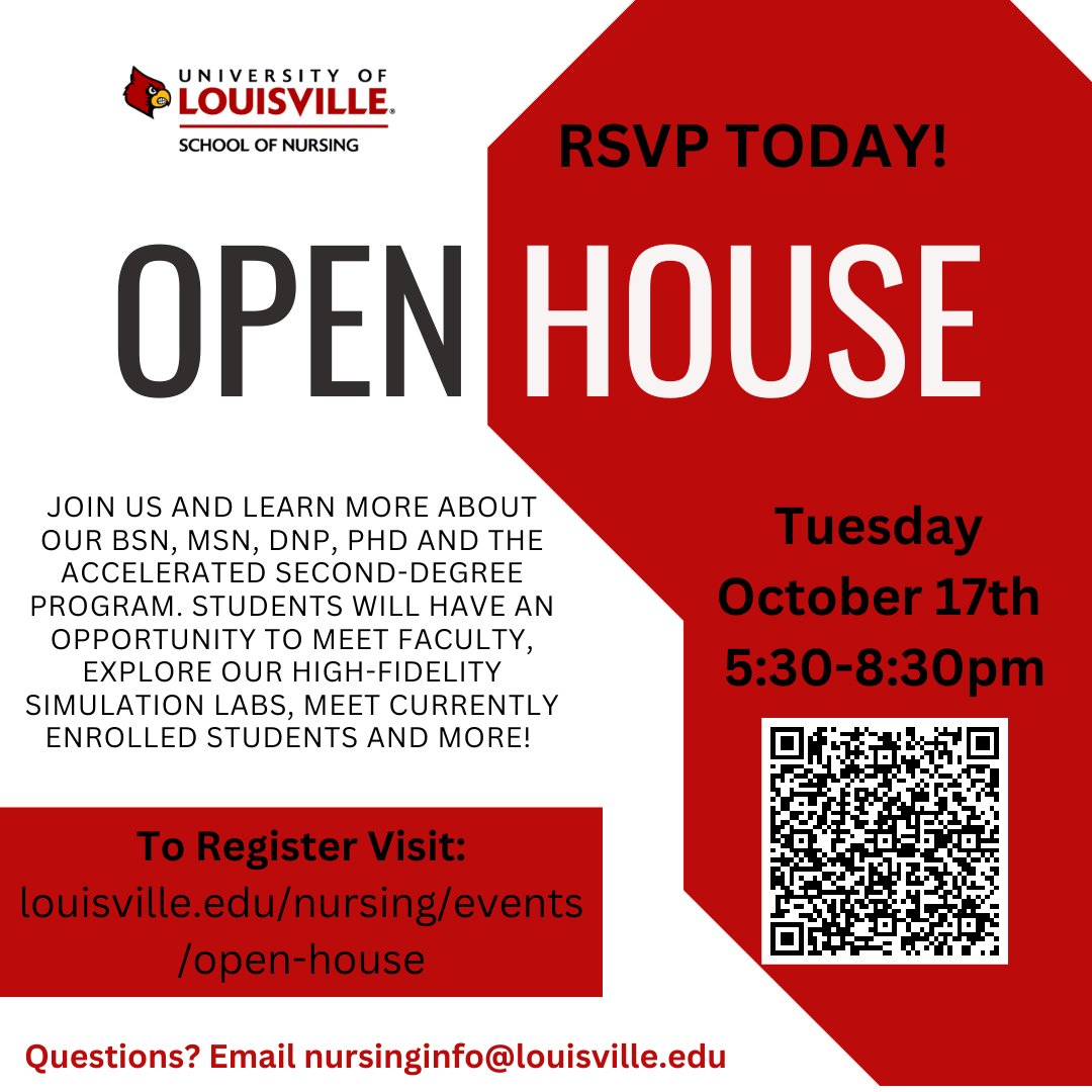 The School of Nursing is hosting an Open House on Tuesday, October 17th.  If you know someone who is interested in learning about the nursing profession and what it takes to fulfill that dream, please share this opportunity with them. louisville.edu/nursing/events…