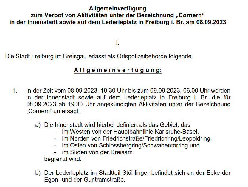 RDL_Aktuell's tweet photo. #Freiburg: @freiburg erlässt Allgemeinverfügung gegen das "#Cornern" in der Innenstadt. Die Stadt macht sich in der Verfügung nicht die Mühe die Notwendigkeit dieser scharfen Maßnahme zu erläutern. Kritik kommt @JUPI. #Versammlungsfreiheit #Polizei https://t.co/ozuqYkNUnC https://t.co/8TqxDr0mAj