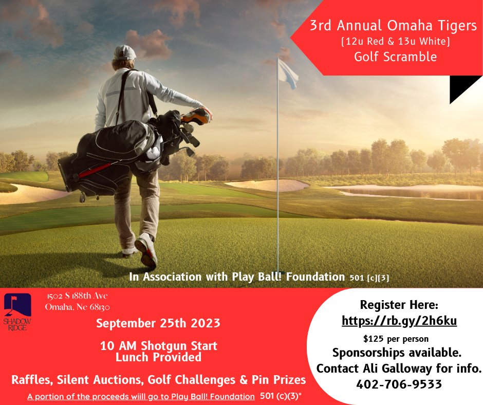 ubanebraska's tweet photo. Two of our Omaha Tigers teams are hosting a golf tournament fundraiser at Shadow Ridge Country Club this month. If anyone is interested in sponsorships or golfing, they have teamed up with our PlayBall Foundation in order to help both the teams and the foundation. To register a team go to https://t.co/eIe4KpBLAi if you are interested in a sponsorship, please contact us directly