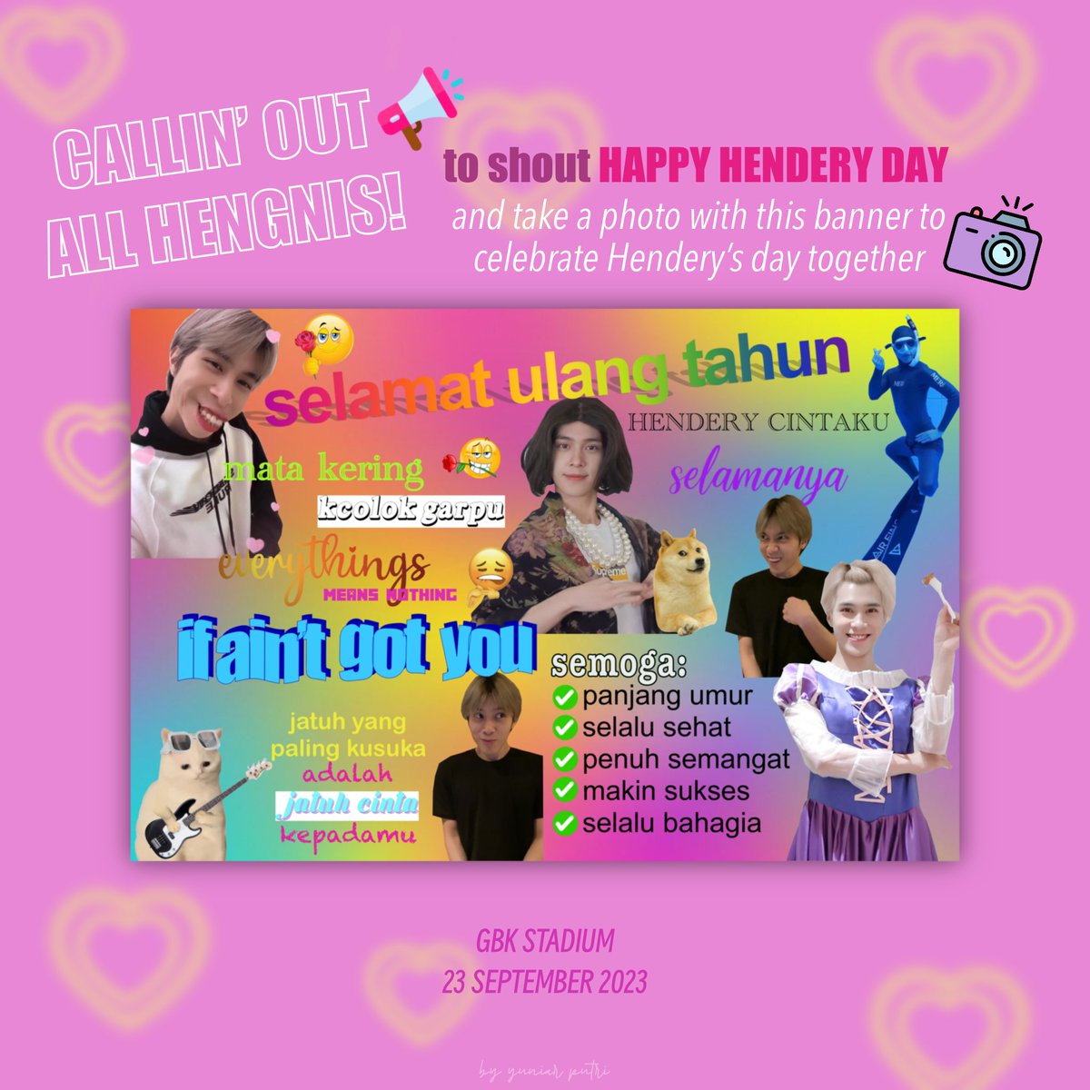 kjwyp's tweet photo. SPANDUK JAMET ULANG TAHUN HENDERY by @321files
Ke taman naik gajah cintaqu ya buat HENDERY ajahh #eaaaa #ciatt 😚👉🏻👈🏻
AYO FOTO BARENG PAKE SPANDUK INI sambil kita teriakin HAPPY BIRTHDAY HENDERY di GBK tanggal 23 nanti😎👍🏻
#SMTOWN_LIVE_2023_JAKARTA #SMTOWNJAKARTA2023 https://t.co/qbvKPL6Eaw