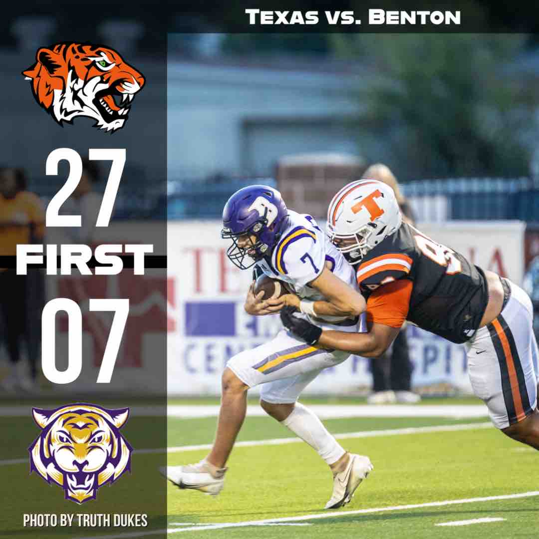 TigerTimesTHS's tweet photo. Texas Tigers light up the scoreboard multiple times in the first quarter and make strong defensive plays agains Benton. #txhigh #fridaynightlights https://t.co/6psBWGOvKI
