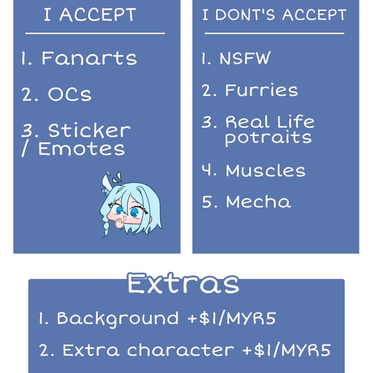 rairaiev's tweet photo. MY COMMISSION SHEET!!!

★ Payment; PayPal, TnG, ShoPeepay 
★ Dm me for comms! https://t.co/YWMNZkPc7A