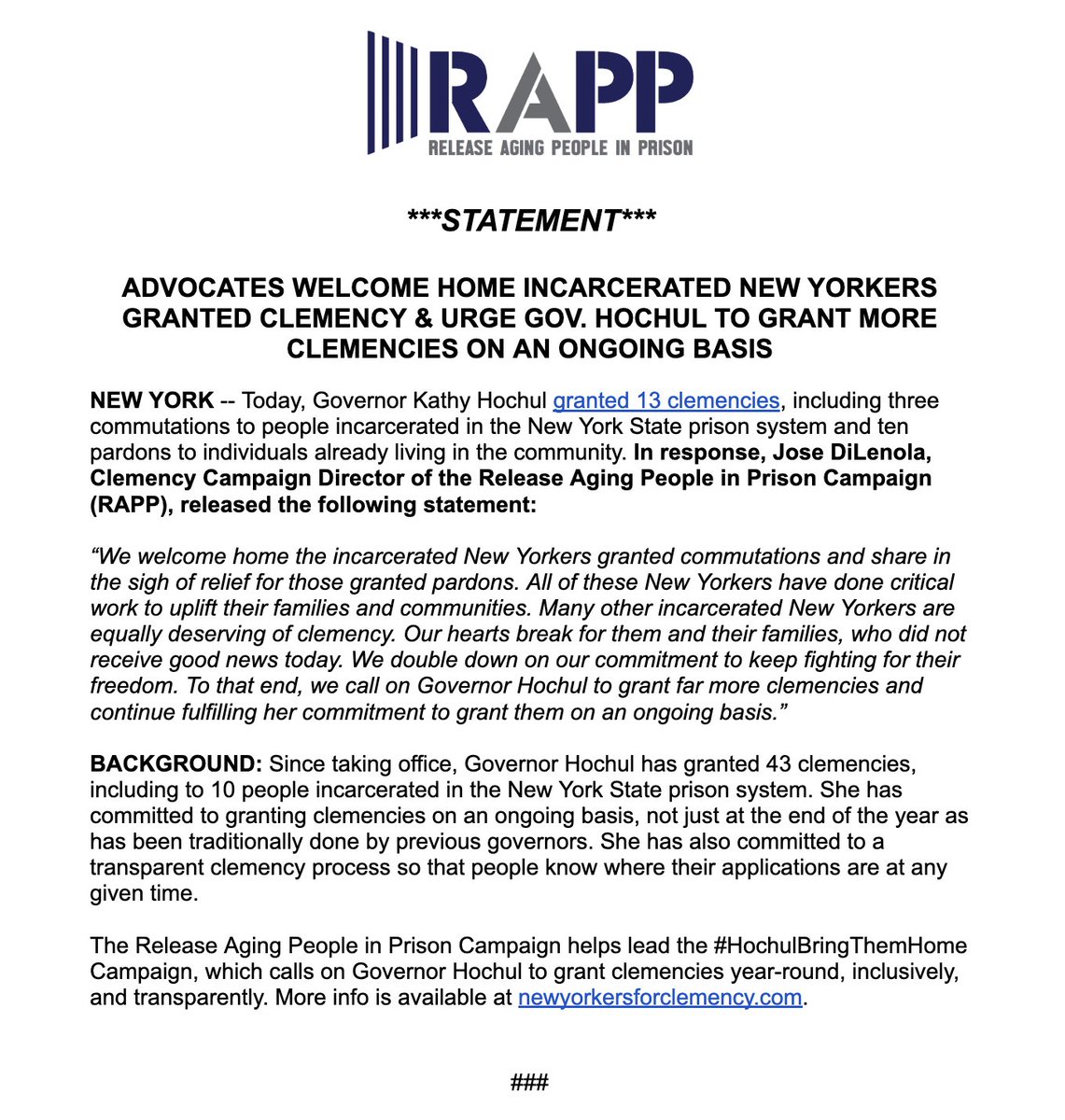 NEW: <a href="/GovKathyHochul/">Governor Kathy Hochul</a> granted clemency to 13 people, including three who are currently incarcerated. 

Our statement: We welcome home those granted clemency. While our hearts break for those who didn't receive good news, we redouble our commitment to fight for their freedom.