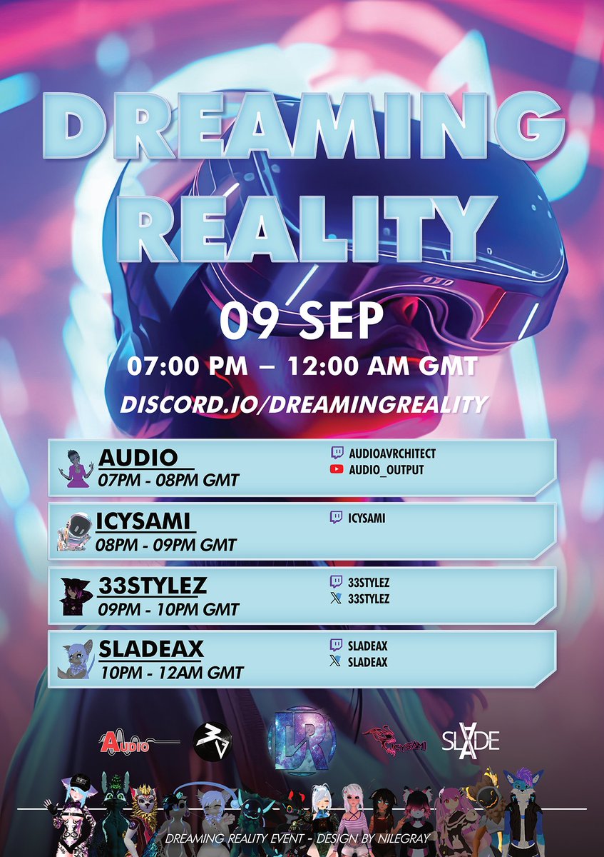 Yooo people it is time for a late late event announcement ^^ to celebrate this weekend at DR  <3
Hosts are 
<a href="/CaptainKirbyVR/">Captain Emily 🏳️‍⚧️</a> 
Kex
Mikro

You can also join via VRChat group system
vrc.group/DREAM.6521

Our DR Discord 
discord.io/DreamingReality 

and here is our amazing line up