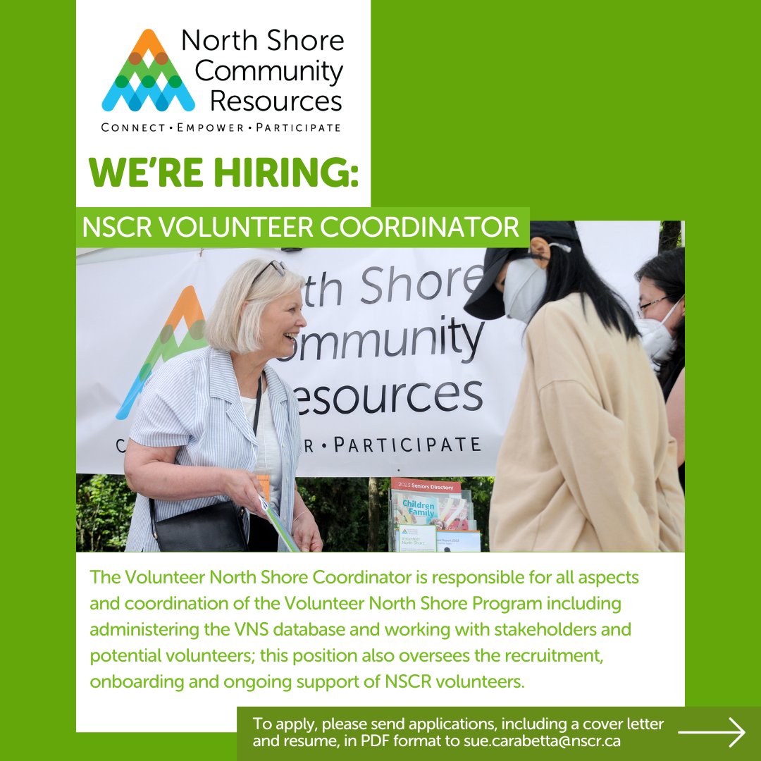 NSCR is looking for a full-time, permanent Volunteer North Shore Coordinator for our programs and services. bit.ly/3PvZXMc.

#hiring #jobs #jobsearch #job #nowhiring #recruiting #employment #hiringnow #jobopening #jobhunt #applynow #jobopportunity #wearehiring #YVRJobs