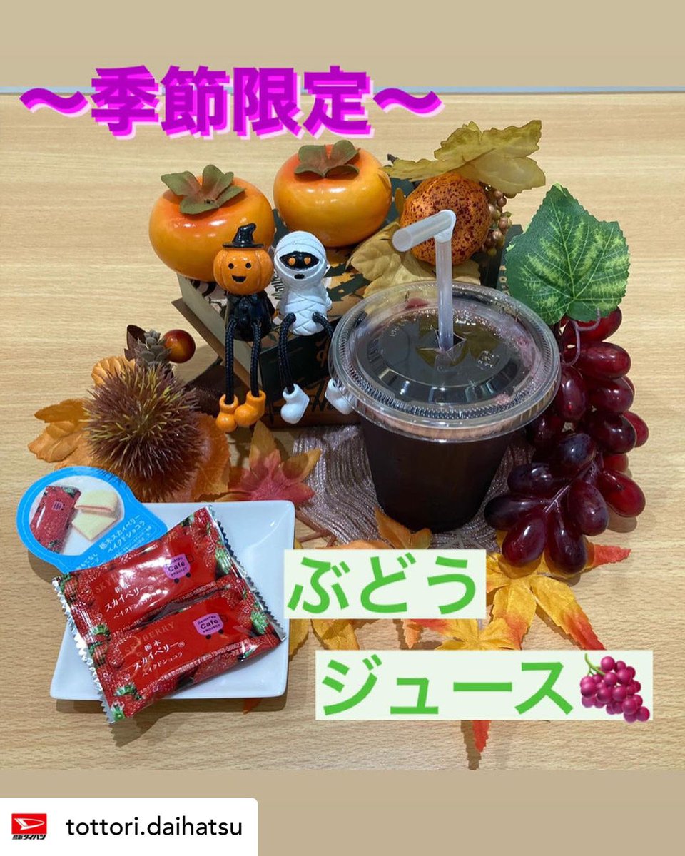 401_ttrd's tweet photo. #鳥取ダイハツ #���代水店 です☺️🍁

9月になり…過ごしやすくなりましたね🌬

ショールームが #秋 仕様へと変わりました👏

そして！
#季節限定　で…
【ぶどう🍇ジュース】をメニューに加えました👍

ぜひ、#点検 や #商談 の待ち時間にご賞味ください🥤🫶 https://t.co/WwOCUWpJIT