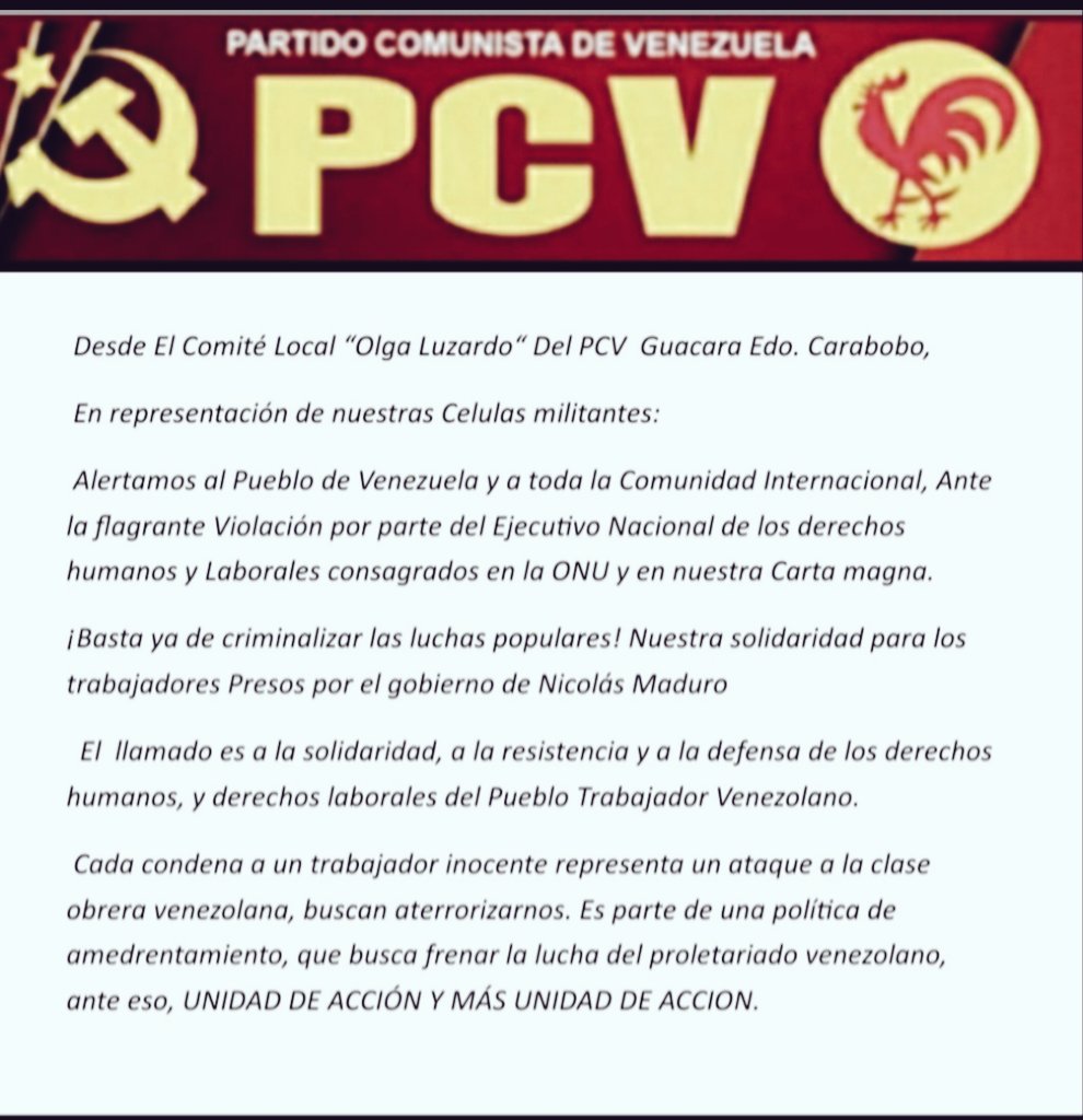📣 El @PcvGuacara Solidario y consecuente en la defensa de la Clase Obrera y Trabajadora de #Venezuela al grito de: #LiberenALxsTrabajadorxsPresxs #SeguimosDandoLaCara