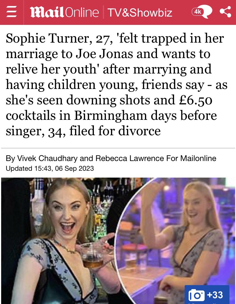 Daily mail shames a 27 year old woman for having fun. Apparently mothers can’t be ambitious, youthful, drink alcohol, work full time &amp; have fun — in other words how dare she have desires outside of motherhood. She should be at home. 

Sophie Turner, have a few shots on us girl!