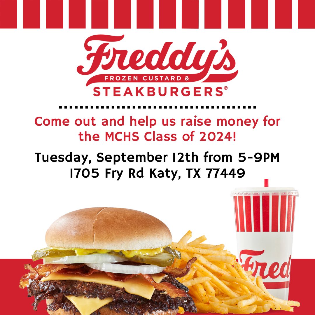 mchsrams24's tweet photo. Come out and support the class of 2024 at Freddy’s on September 12th! Can’t wait to see y’all there 🍔🍟 #spiritnight #mchs https://t.co/03uddMUrHg