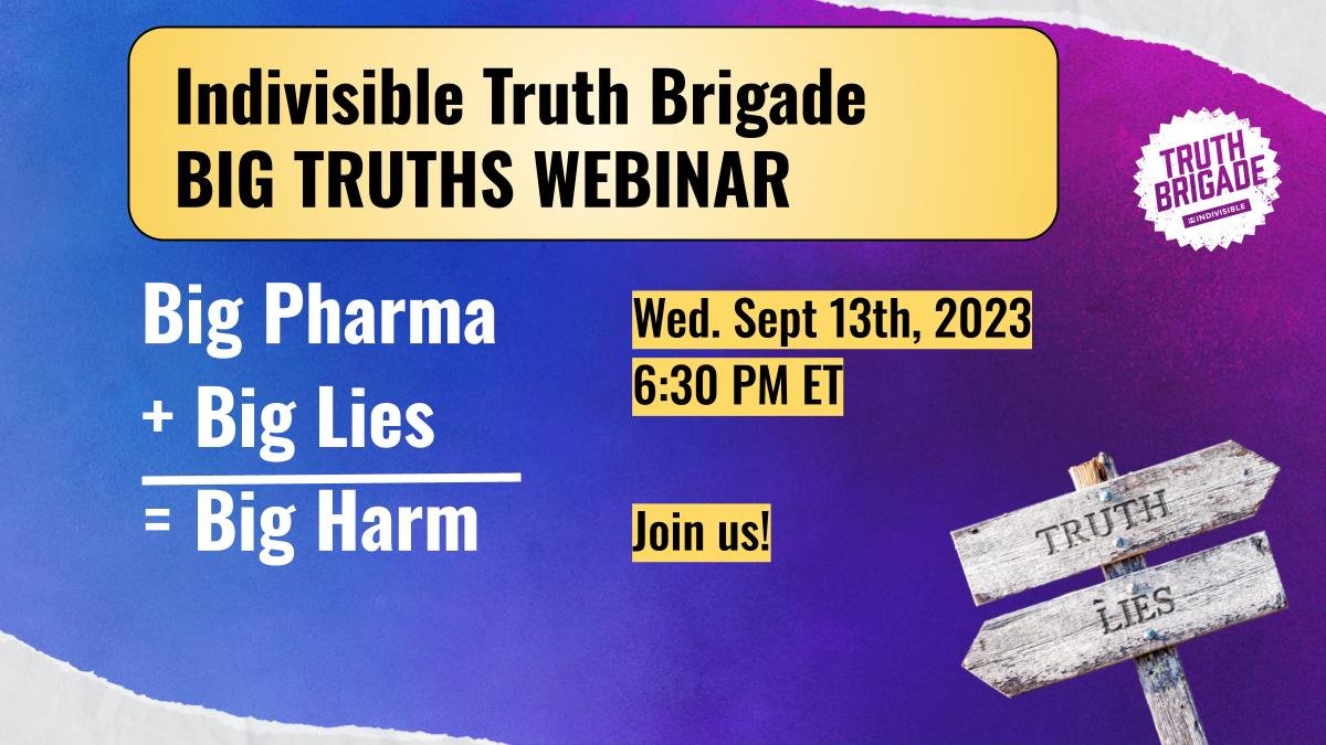 Help <a href="/IndivisibleTeam/">Indivisible Guide ❌👑</a> throw a meaningful wrench into the democracy-destroying lie machine spreading #disinformation! Attend the #TruthBrigade Big Truths zoom call  Wednesday, September 13, at 6:30pm ET/ 3:30pm PT.

indivisible.zoom.us/meeting/regist…