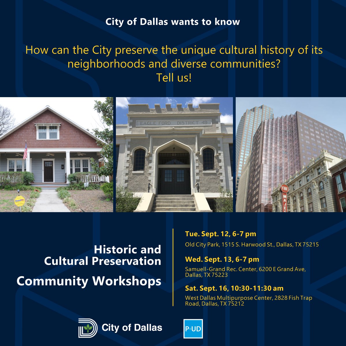 Please attend an upcoming Community Workshop to contribute your ideas for addressing issues of racial equity, the conservation of cultural heritage, and neighborhood preservation in our city.
For more info visit dallascityhall.com/departments/pn…