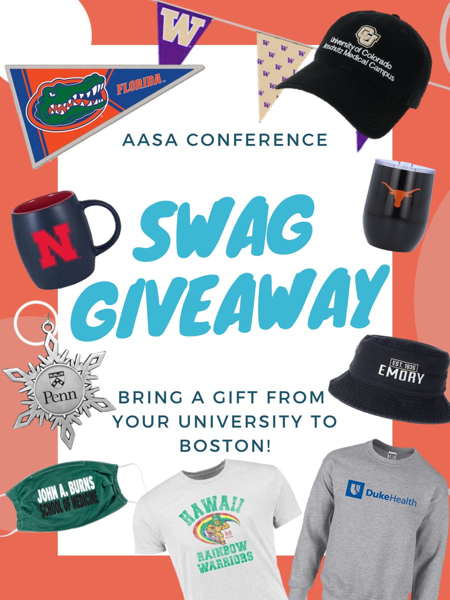 One of the highlights of the AASA Conference is our SWAG GIVEAWAY! Conference attendees bring gifts to show off their University spirit. Please join in the fun by bringing an item from your school and dropping it off at the Registration Desk upon arrival.