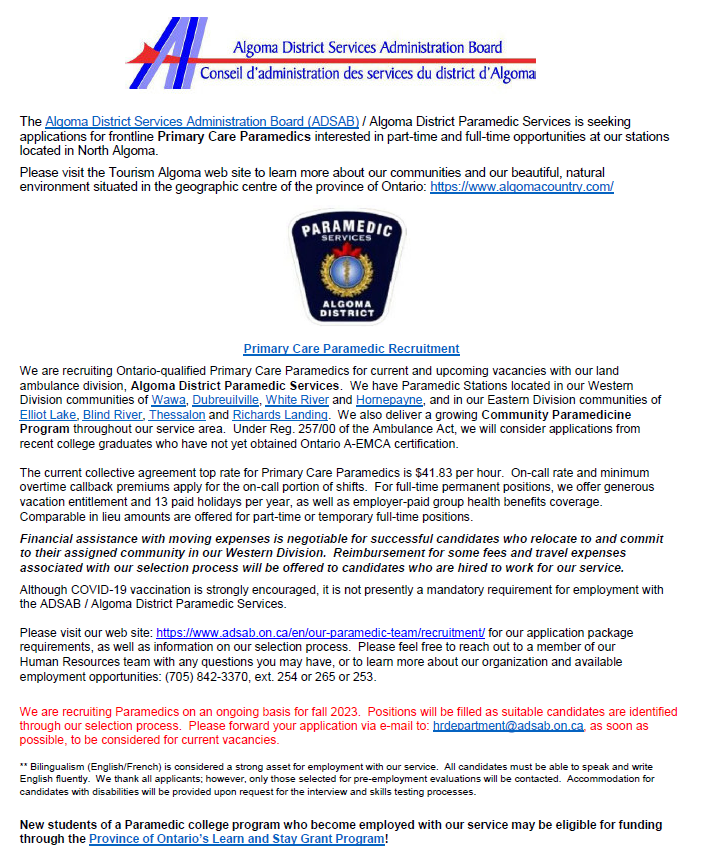 We're hiring! 
adsab.on.ca/en/our-paramed…
Send your resume to: hrdepartment@adsab.on.ca
🚑 #joinagreatteam  #ADPS911 
Check out Province of Ontario's Learn and Stay Grant Program at: 
ontario.ca/page/ontario-l…