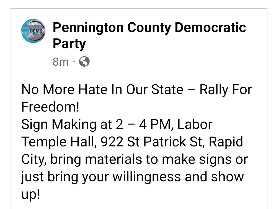 DirtbagEconomi1's tweet photo. 📣📣📣 Important Info from the @PennCoDems about the #ProtestAgainstHate today at The Monument in Rapid City. https://t.co/6oyMN946QS