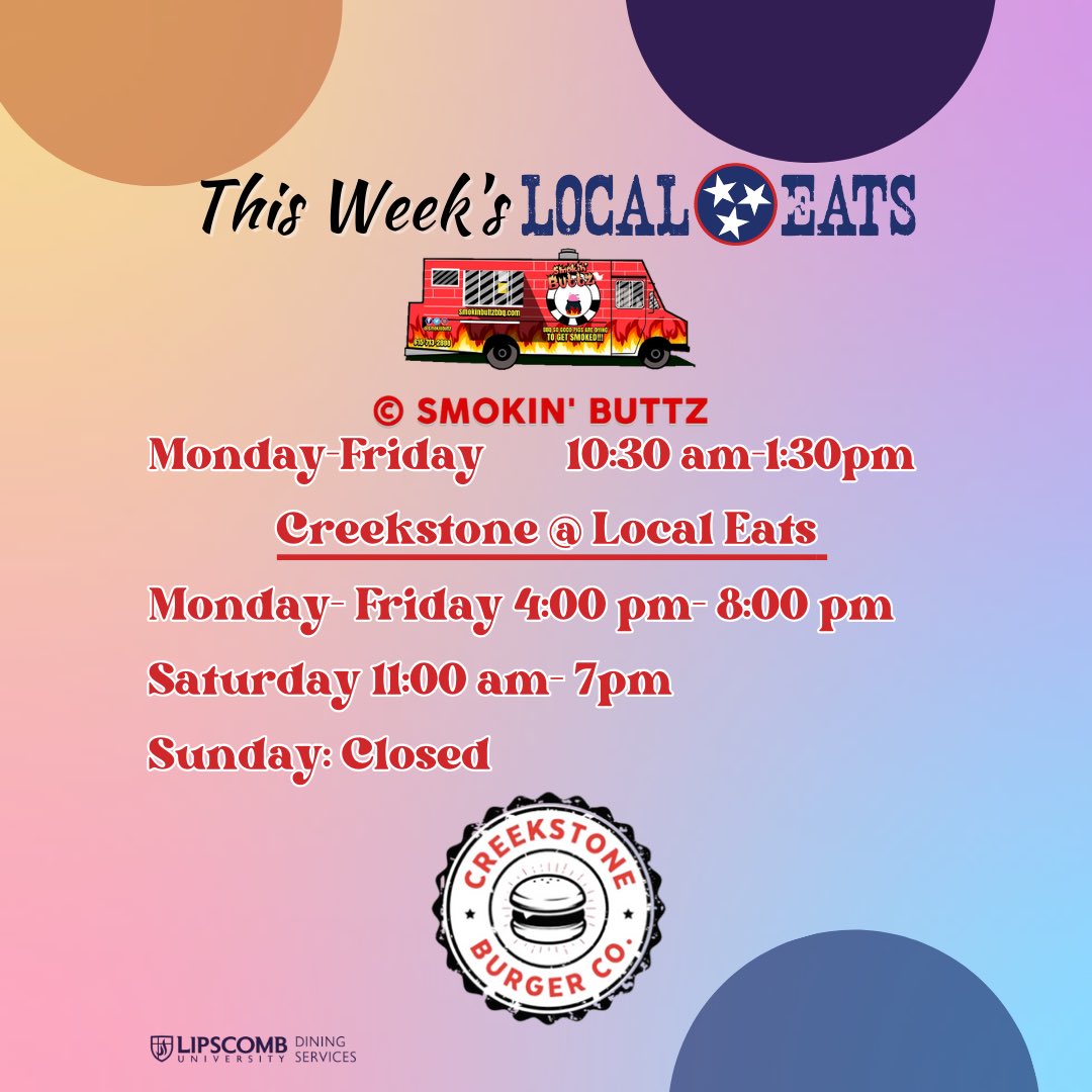 🍔 Get ready, students! Next week, we're bringing the delicious flavors of Smokin Buttz BBQ to Local Eats! 🍖 Don't forget, Creekstone is open 6 days a week at Bennett Student Center too! 🍽️ #LocalEats #BBQTime #Creekstone
