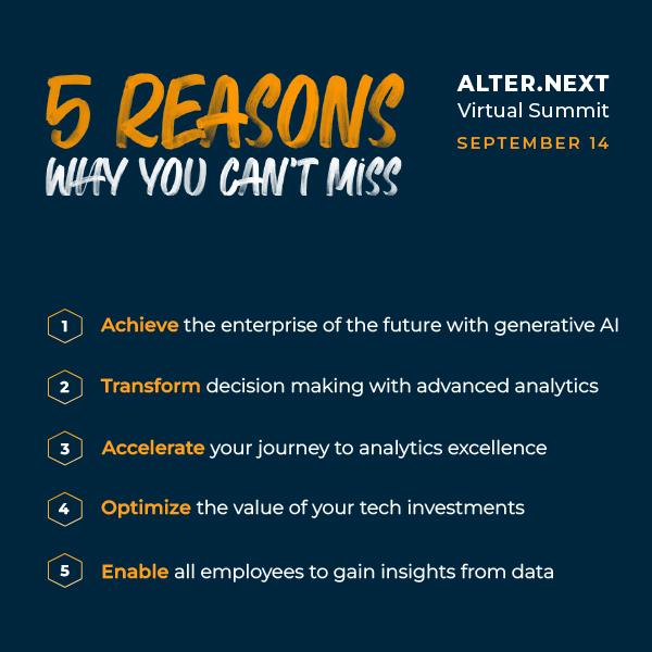 Kramer_Dave's tweet image. Need a reason why you can't miss #AlterNext Virtual Summit on September 14th? There are dozens. Maybe hundreds. How about 5 reasons for now? See below! 👀 ⤵️
Or, skip right to registering: ow.ly/Rg0c104QWjW
#AlteryxAiDIN #AnalyticsDemocratization #AIdemocratization