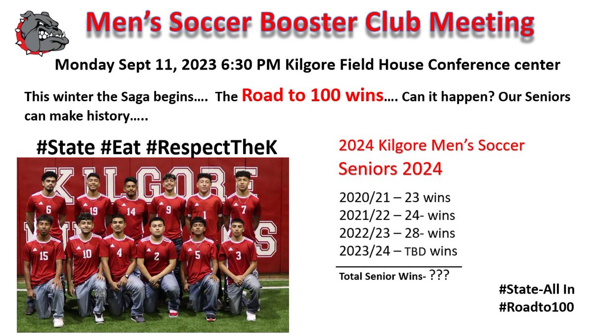 Bulldog Nations: Time for our first 2023-24 Soccer booster meeting.  #State #Allin #Eat #RespecttheK #roadto100wins <a href="/Jobani_Chavez/">Jobani A. Chavez</a> @Adanrzz27 <a href="/LeandroYzaguir1/">Leandro Yzaguirre (Leo)</a>