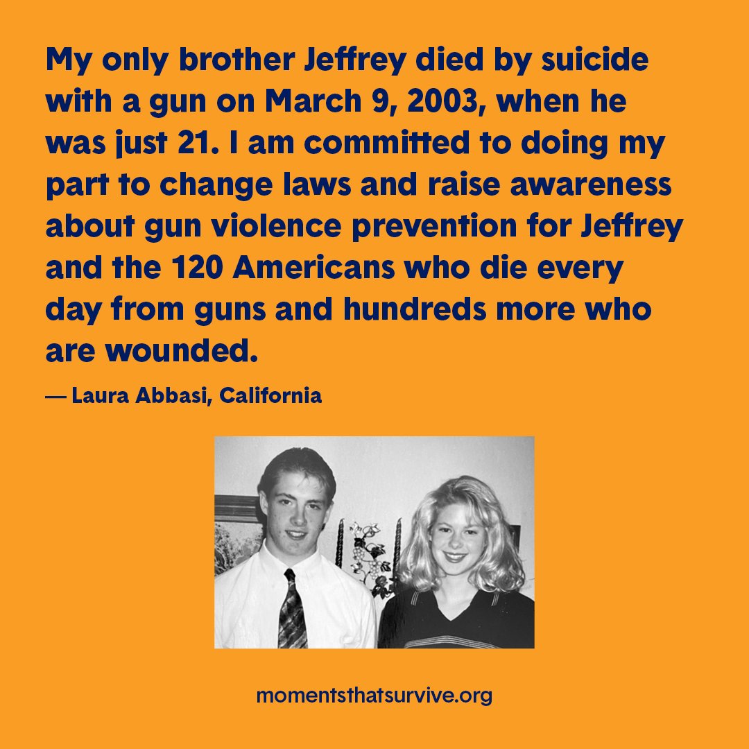 MomsDemand's tweet photo. Laura Abbasi knows painfully well what can happen when guns are easily accessible to those experiencing a low moment. Her brother, Jeffrey, took his life after a breakup when he was just 21.

In Jeffrey’s honor, Laura advocates for stronger gun laws that enable loved ones to intervene when family members are experiencing a crisis.

This #SuicidePrevention Awareness Month, help Laura spread awareness about gun suicide, which takes nearly 25,000 lives every year, by sharing her story: https://t.co/hAo2WHw3rF
