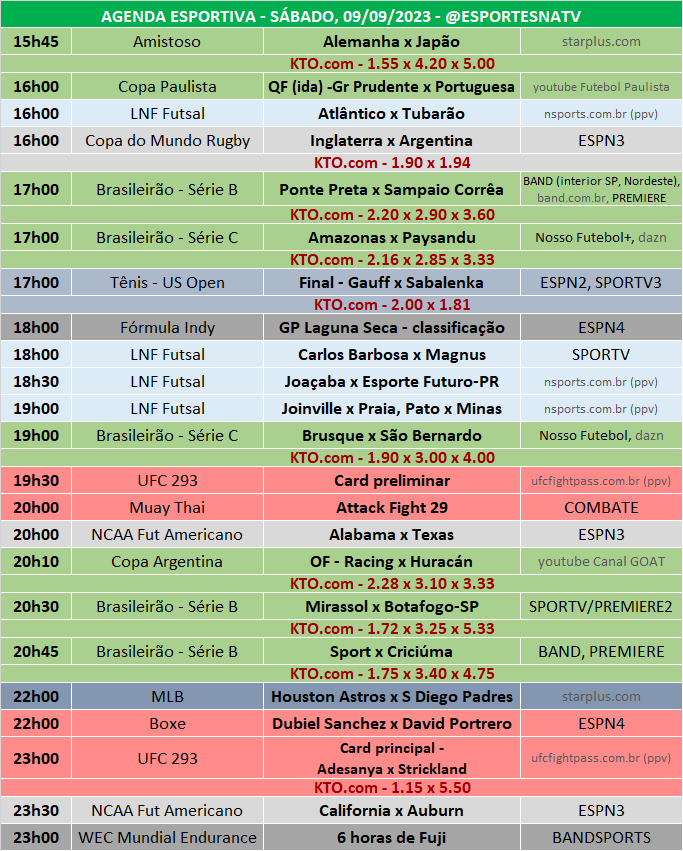 Esportes Na TV 📺 on X: A agenda esportiva deste SÁBADO (11/11/2023) Faça  sua aposta na @KTO_brasil utilizando o cupom ESPNATV no cadastro e garanta  20% de bônus no seu primeiro depósito!