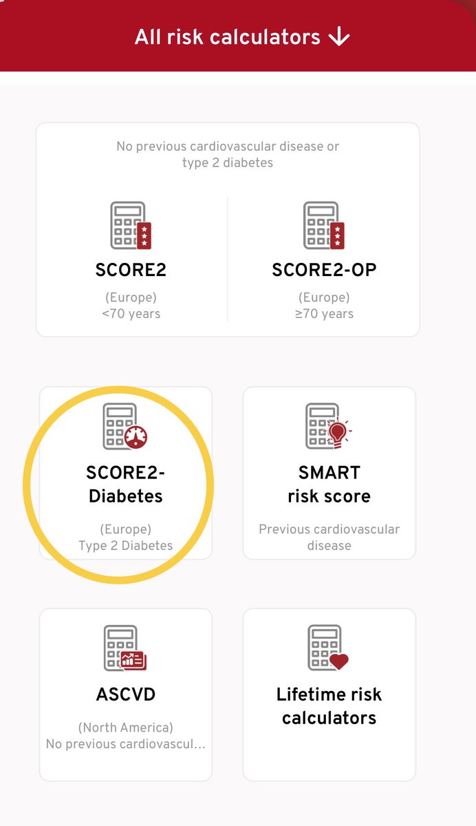 Ya está disponible en la app CVD risk calculation de la <a href="/escardio/">European Society of Cardiology</a> el nuevo #score SCORE2-Diabetes 

Utilizadle para calcular el #RCV en personas sin enfermedad aterosclerotica ni LOD con #DM