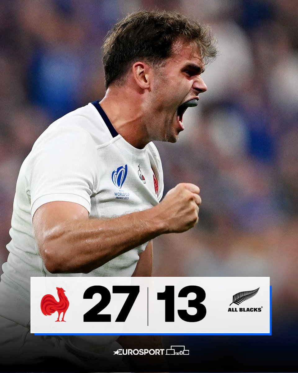 Eurosport_FR's tweet photo. 🤩 Oui les Bleus ! Une deuxième période de feu et le XV de France s'offre les All Blacks pour parfaitement lancer sa Coupe du monde #FRAvNZL #RWC2023 https://t.co/iyrCrjBzjG